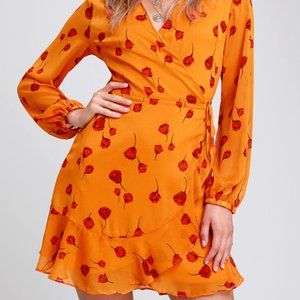 Lulu's Lush Orange Floral Long Sleeve Wrap Dress